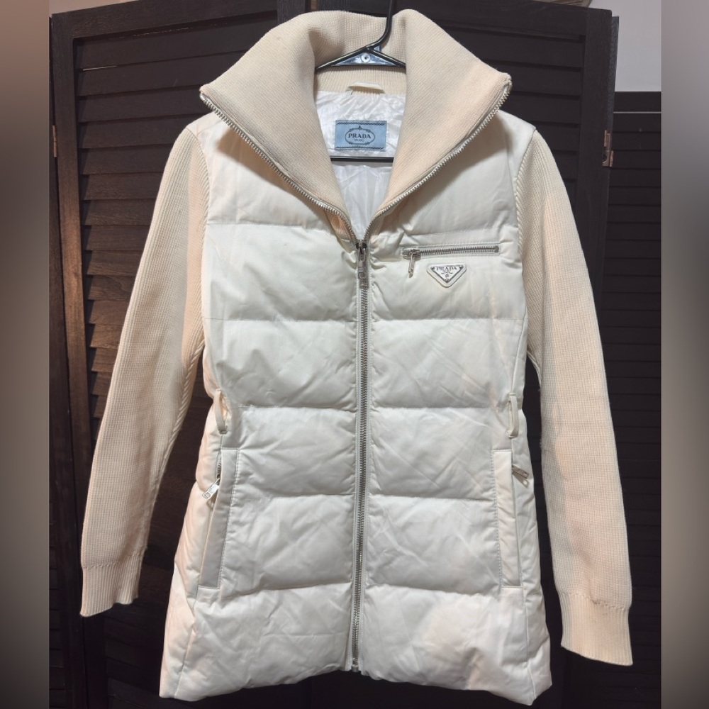 Authentic Prada Milano Cream Hybrid Puffer Jacket | Ribbed Knit Sleeves